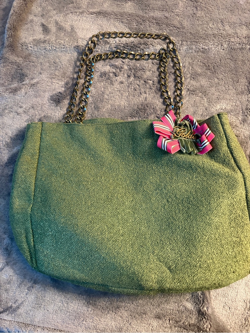 Goldie boiled wool purse. Olive green with pink  ribbon flower.